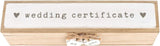 Wooden wedding certificate holder box with heart accents by Widdop & Co, designed to hold marriage certificates on special wedding day.
