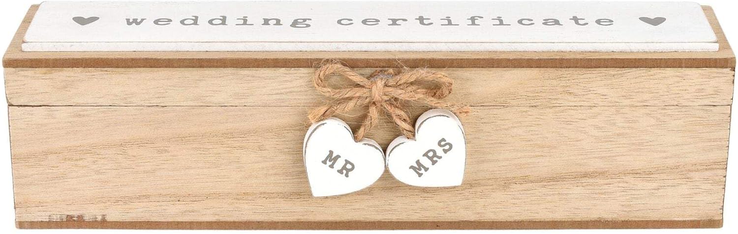 Widdop & Co wooden wedding certificate holder box with engraved hearts for marriage certificates, elegant and decorative.