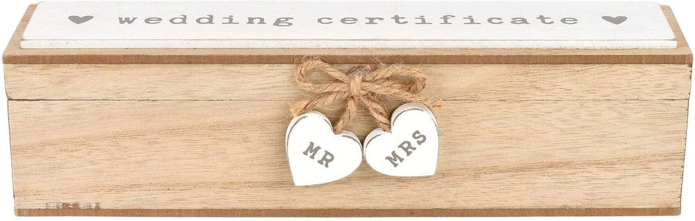 Widdop & Co wooden wedding certificate holder box with engraved hearts for marriage certificates, elegant and decorative.