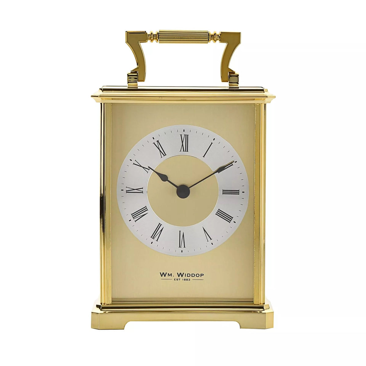 Widdop & Co gilt carriage clock with classic design, brass finish, and ornate details, serving as a stylish vintage timepiece.