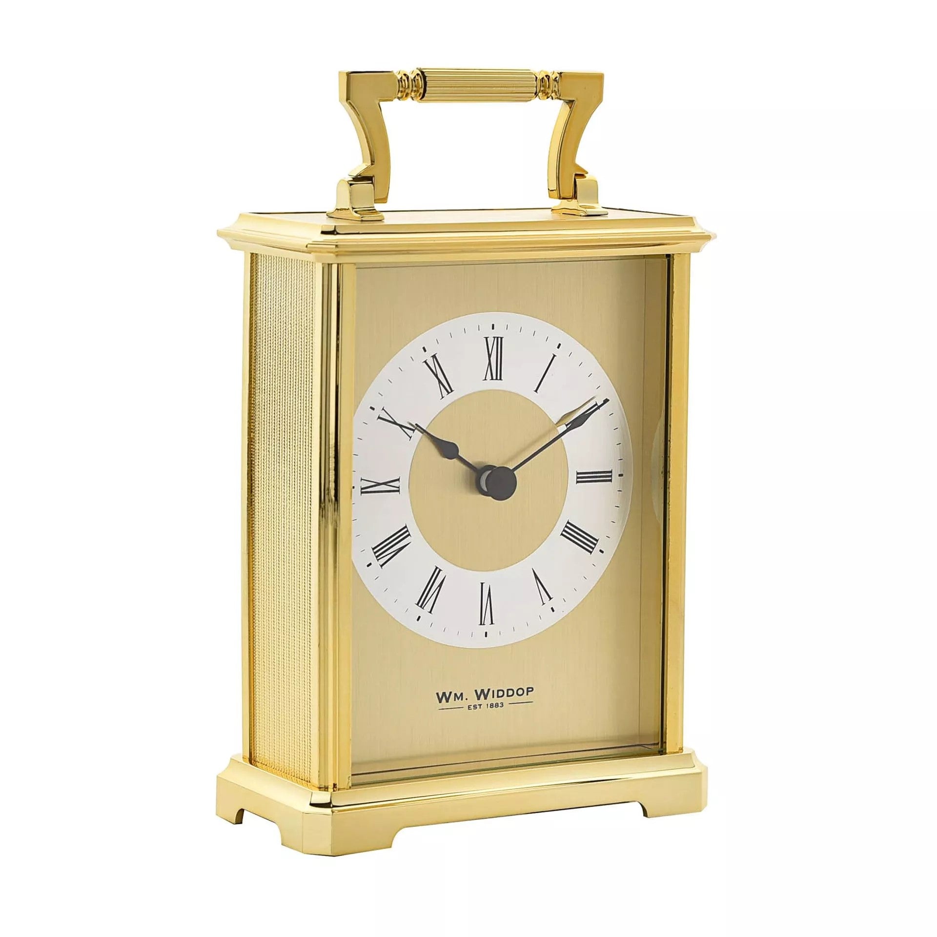Widdop & Co gilt carriage clock with brass finish and classic design, showcasing a vintage timepiece on a decorative base.