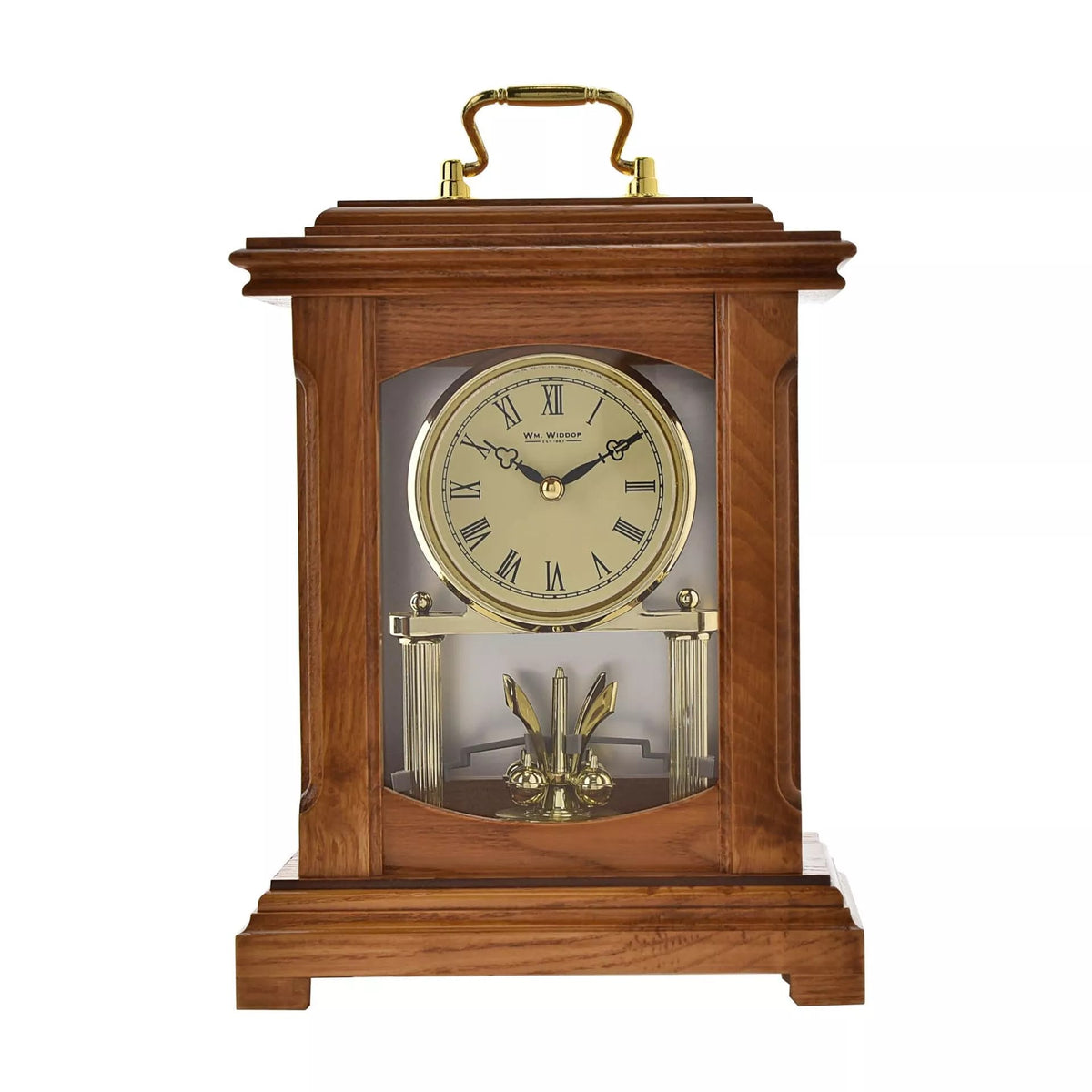 Widdop & Co wood mantel clock in lantern style with handle, featuring a rustic design and classic clock face.