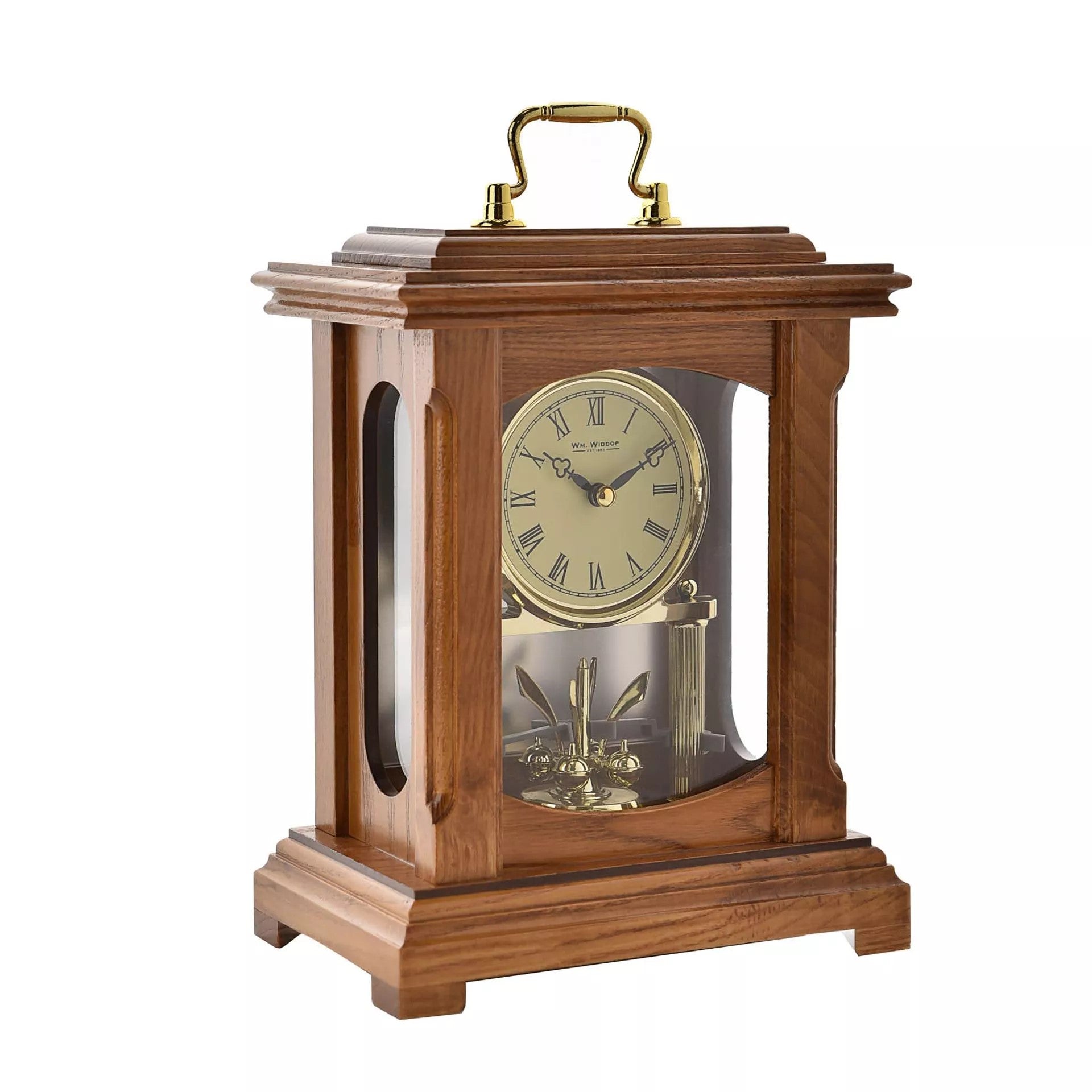 Widdop & Co wood mantel clock in lantern style with handle, featuring a rustic design and classic clock face.