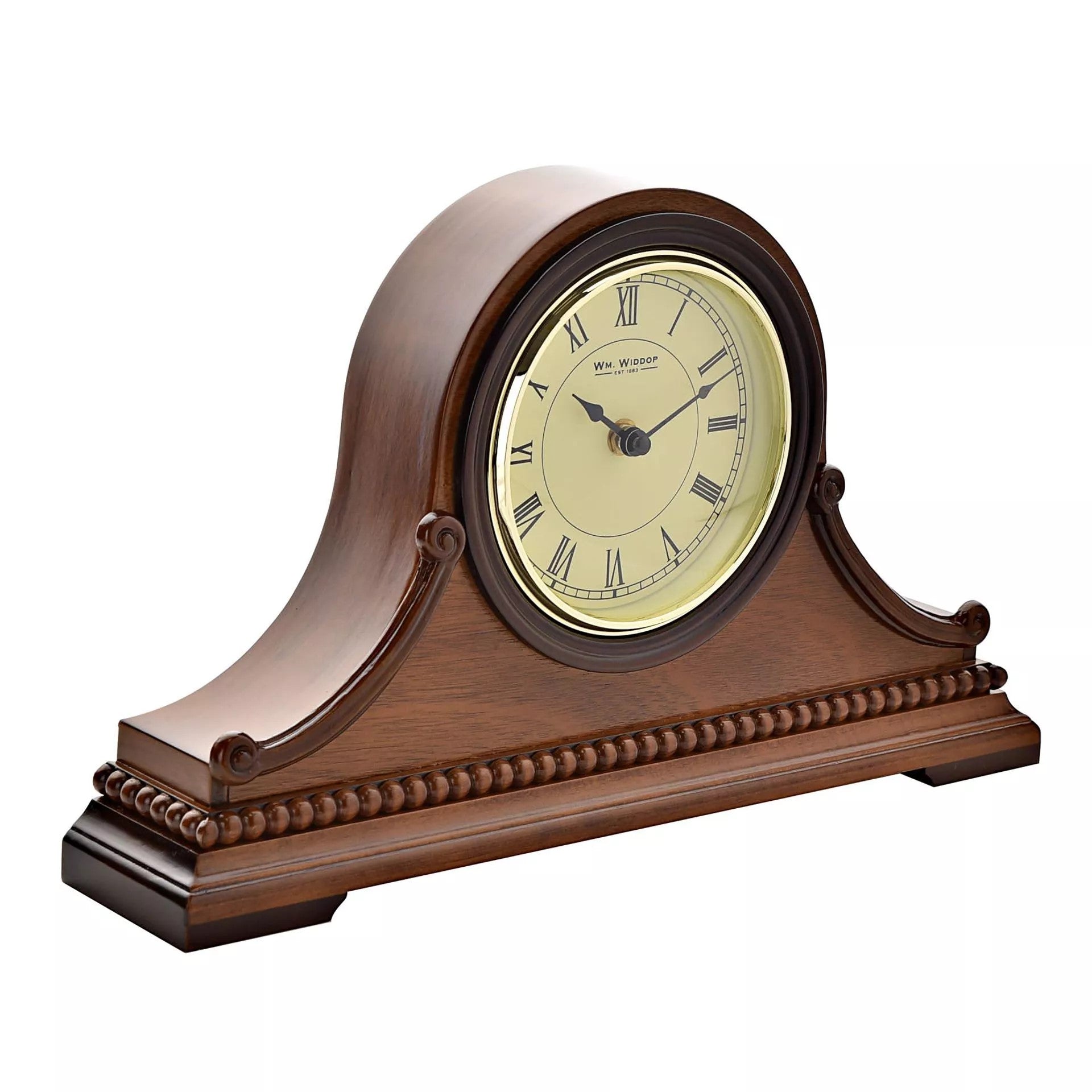 Widdop & Co wooden Napoleon mantel clock with classic design and detailed craftsmanship, displayed on a mantel shelf.