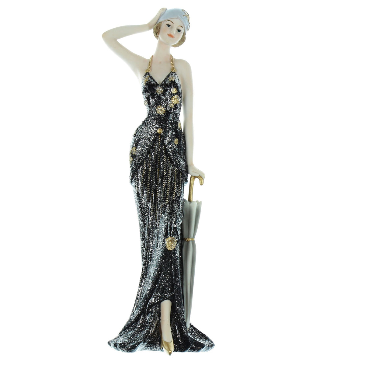Widdop & Co Broadway Belles black dress decorative figurine doll, 32cm, with rose accents, detailed craftsmanship, elegant display piece