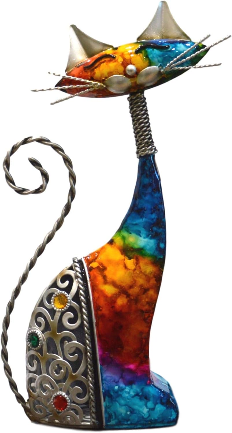 Widdop & Co Country Living hand-painted metal standing cat decorative sculpture sitting on a surface.