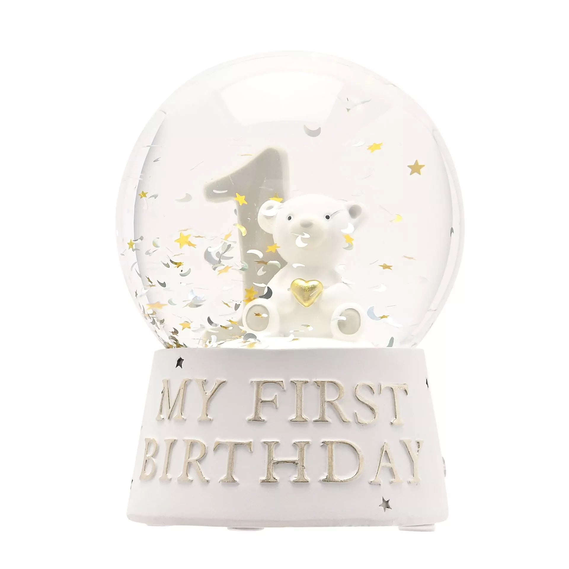Widdop & Co Bambino Resin My 1st Birthday Water Ball giftware with colorful design and a cute baby figure inside.