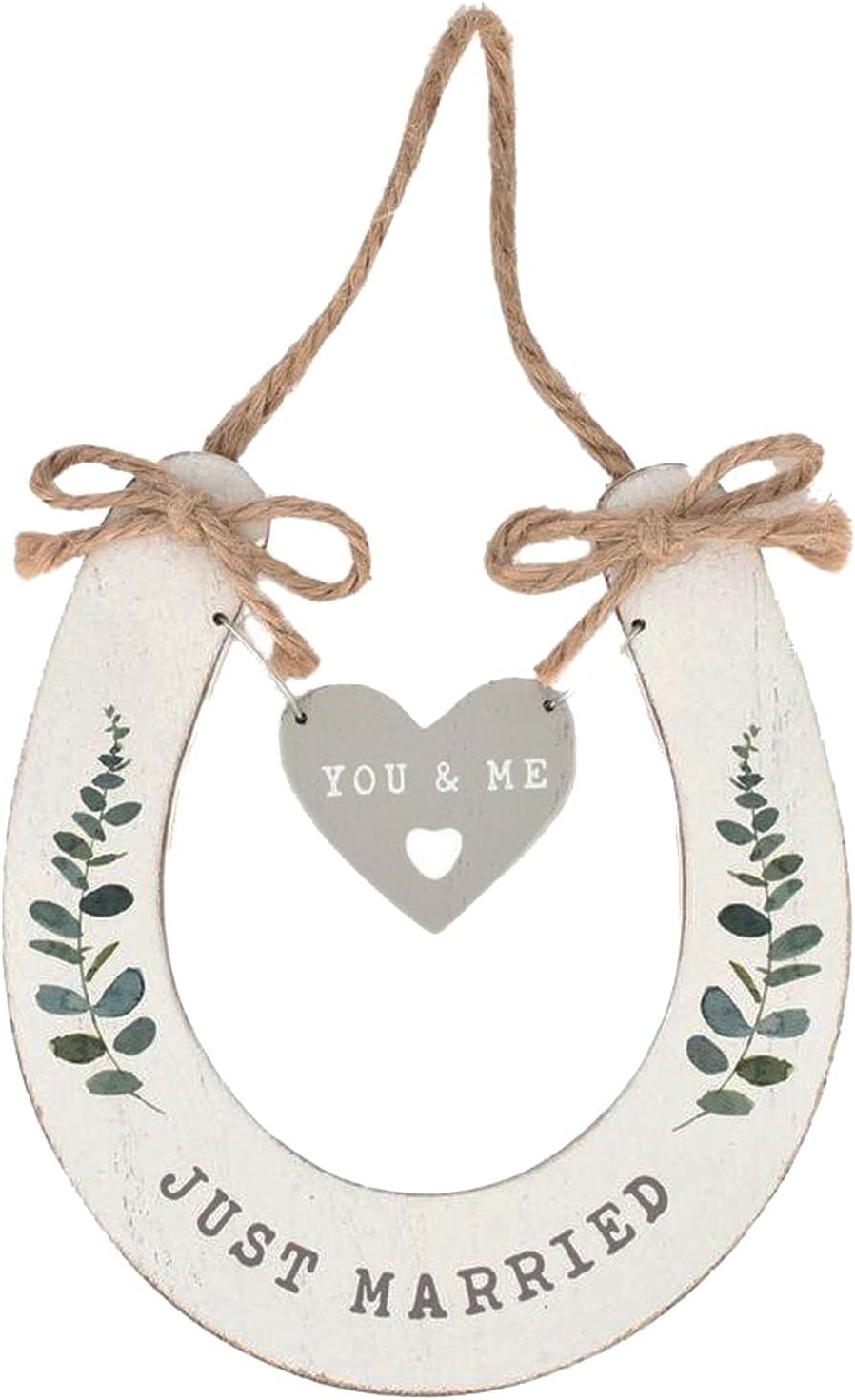 White wedding horseshoe with hanging heart giftware by Widdop & Co, symbolizing love and good luck for newlyweds.