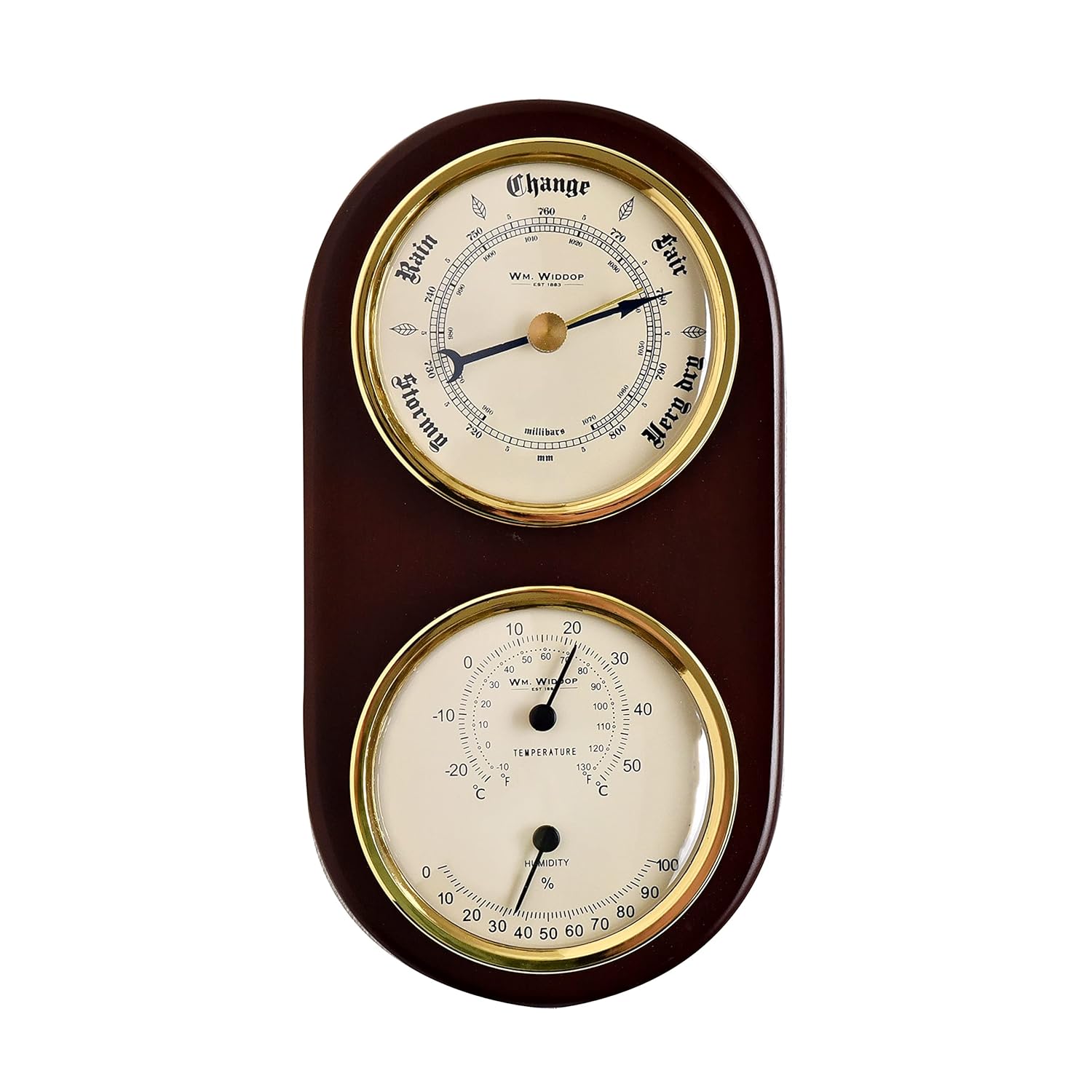 Widdop & Co wooden barometer, thermometer, and hygrometer instrument with a classic design and wooden finish.