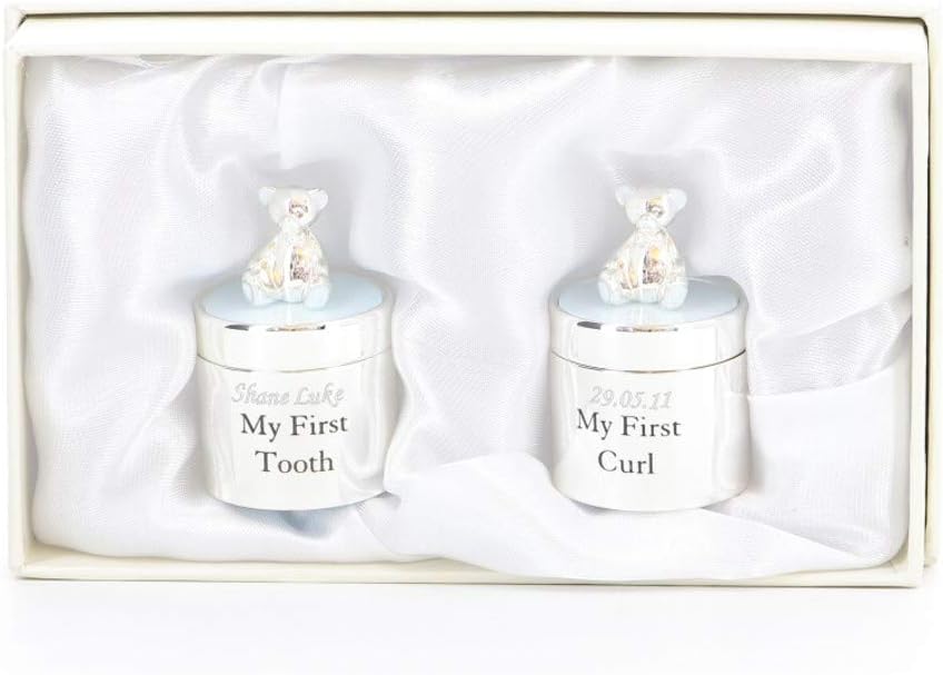 Widdop & Co Bambino silverplated keepsake box set with blue lid for storing first tooth and curl, elegant and decorative.