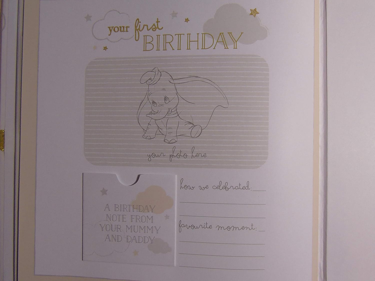 Widdop & Co Disney Dumbo baby memory book keepsake for first year, featuring Dumbo illustration and space for baby's special moments.