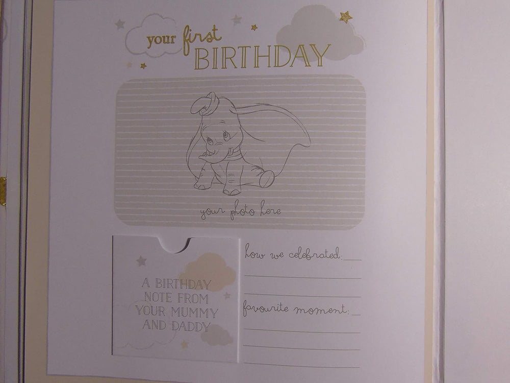 Widdop & Co Disney Dumbo baby memory book keepsake for first year, featuring Dumbo illustration and space for baby's special moments.