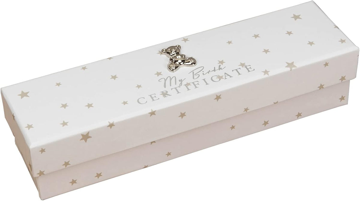 Widdop & Co white baby birth certificate keepsake holder with 3D teddy icon, designed to hold a birth certificate or keepsake.