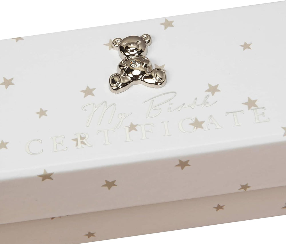 Widdop & Co white baby birth certificate keepsake holder with 3D teddy icon, designed to display and preserve a newborn's birth certificate