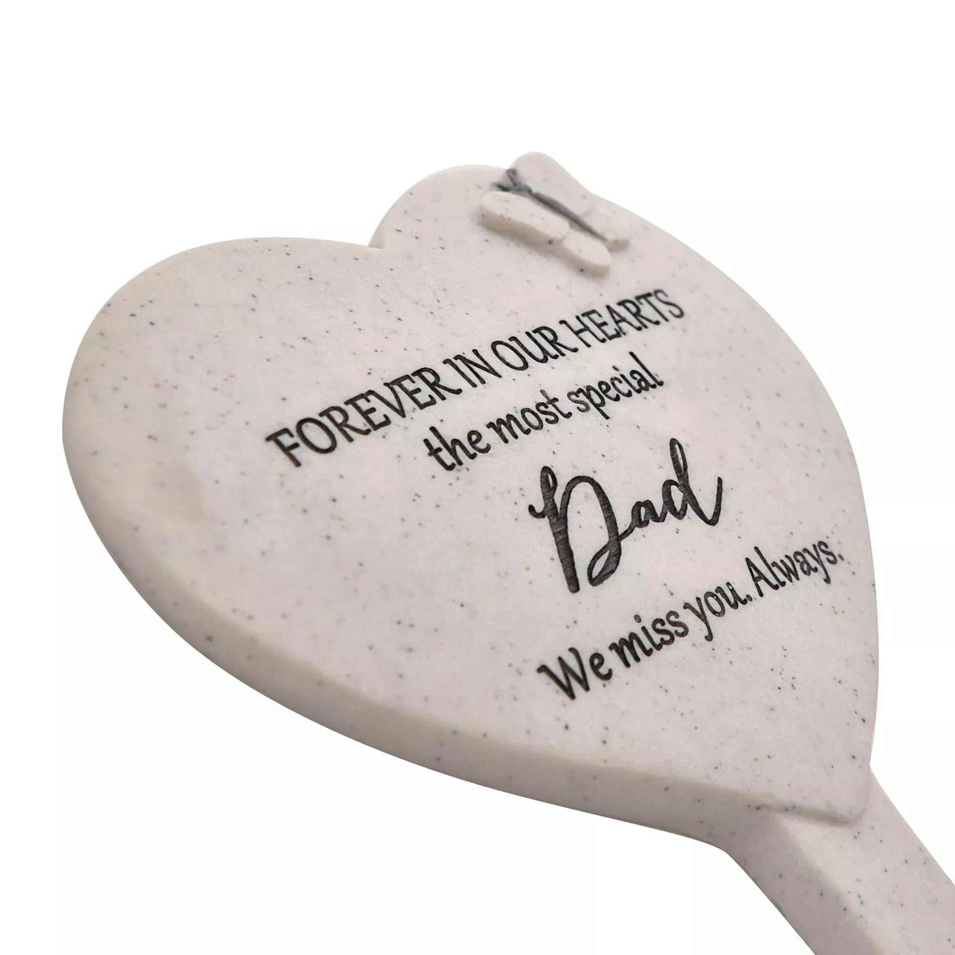 Widdop & Co memorial heart graveside stake with "Thoughts of You Dad" inscription, designed for outdoor remembrance.