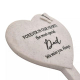 Widdop & Co memorial heart graveside stake with "Thoughts of You Dad" inscription, designed for outdoor remembrance.