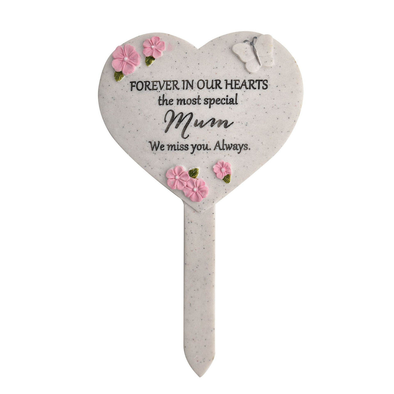 Widdop & Co memorial heart graveside stake with "Thoughts of You, Mum" engraved, designed for honoring loved ones at the gravesite.