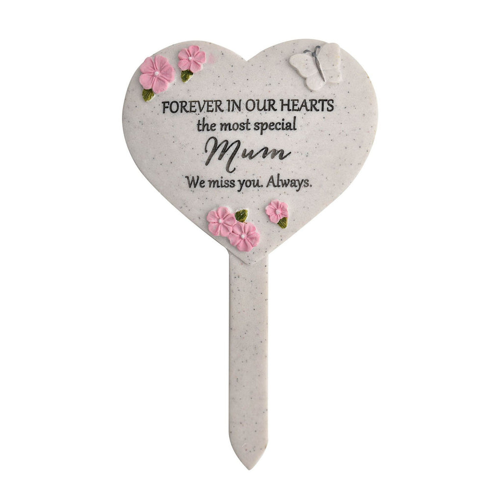 Widdop & Co memorial heart graveside stake with "Thoughts of You, Mum" engraved, designed for honoring loved ones at the gravesite.