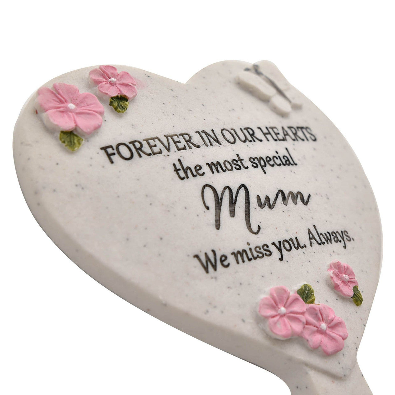 Widdop & Co memorial heart-shaped graveside stake with "Thoughts of You Mum" engraved, for honoring loved ones at the gravesite