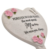 Widdop & Co memorial heart-shaped graveside stake with "Thoughts of You Mum" engraved, for honoring loved ones at the gravesite
