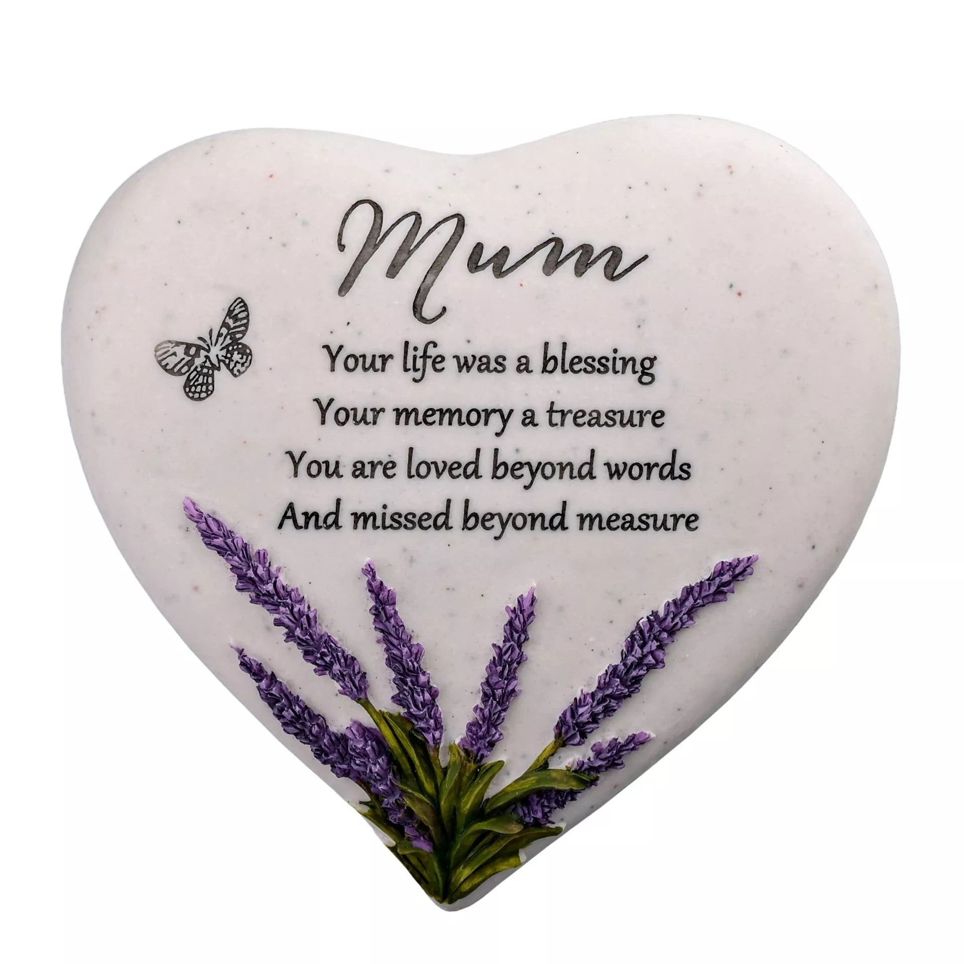 Widdop & Co outdoor memorial plaque featuring a heart shape with lavender design, dedicated to mum, for remembrance.
