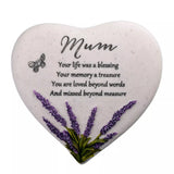 Widdop & Co outdoor memorial plaque featuring a heart shape with lavender design, dedicated to mum, for remembrance.