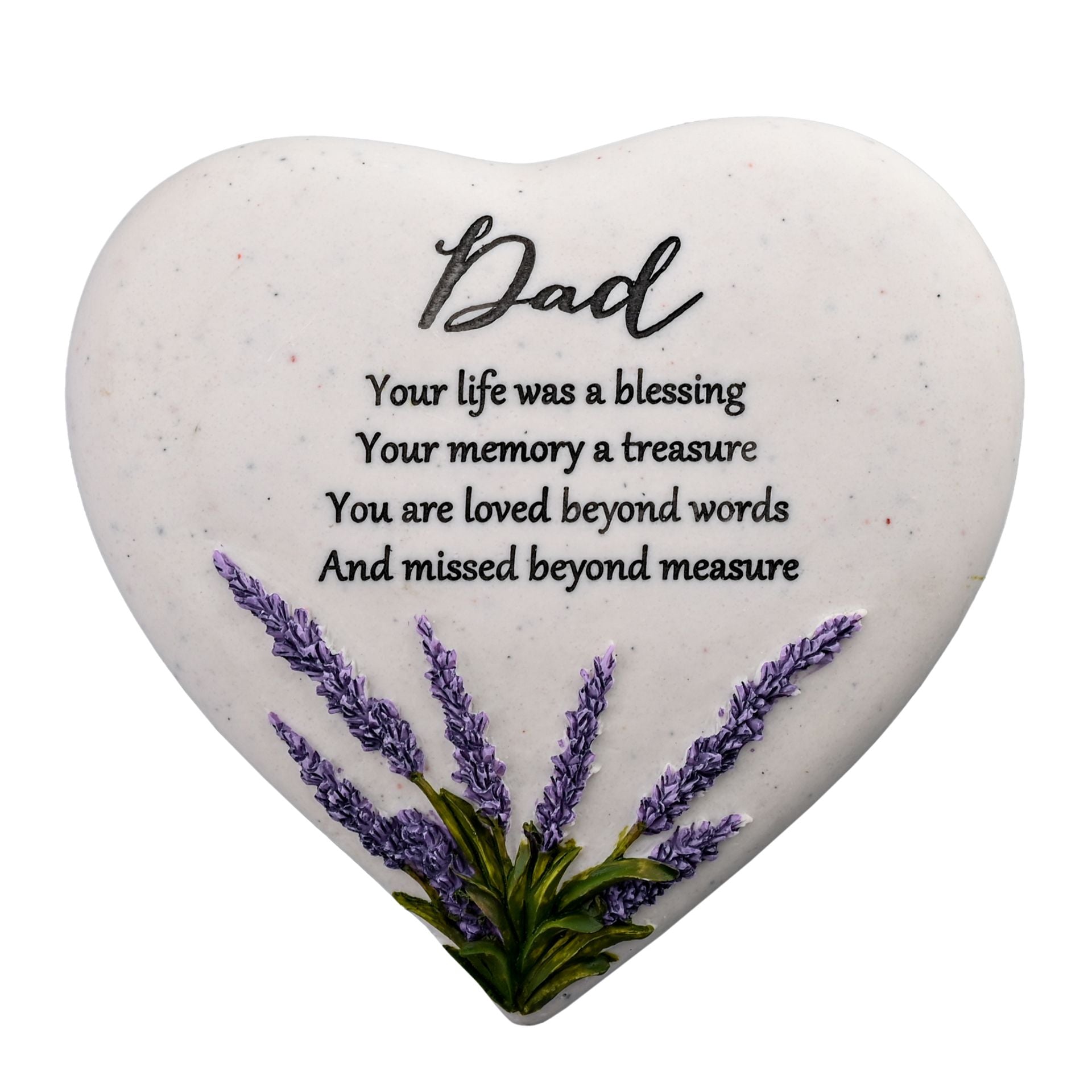 Widdop & Co memorial heart stone plaque with lavender design, honoring dad with heartfelt sentiment for remembrance.