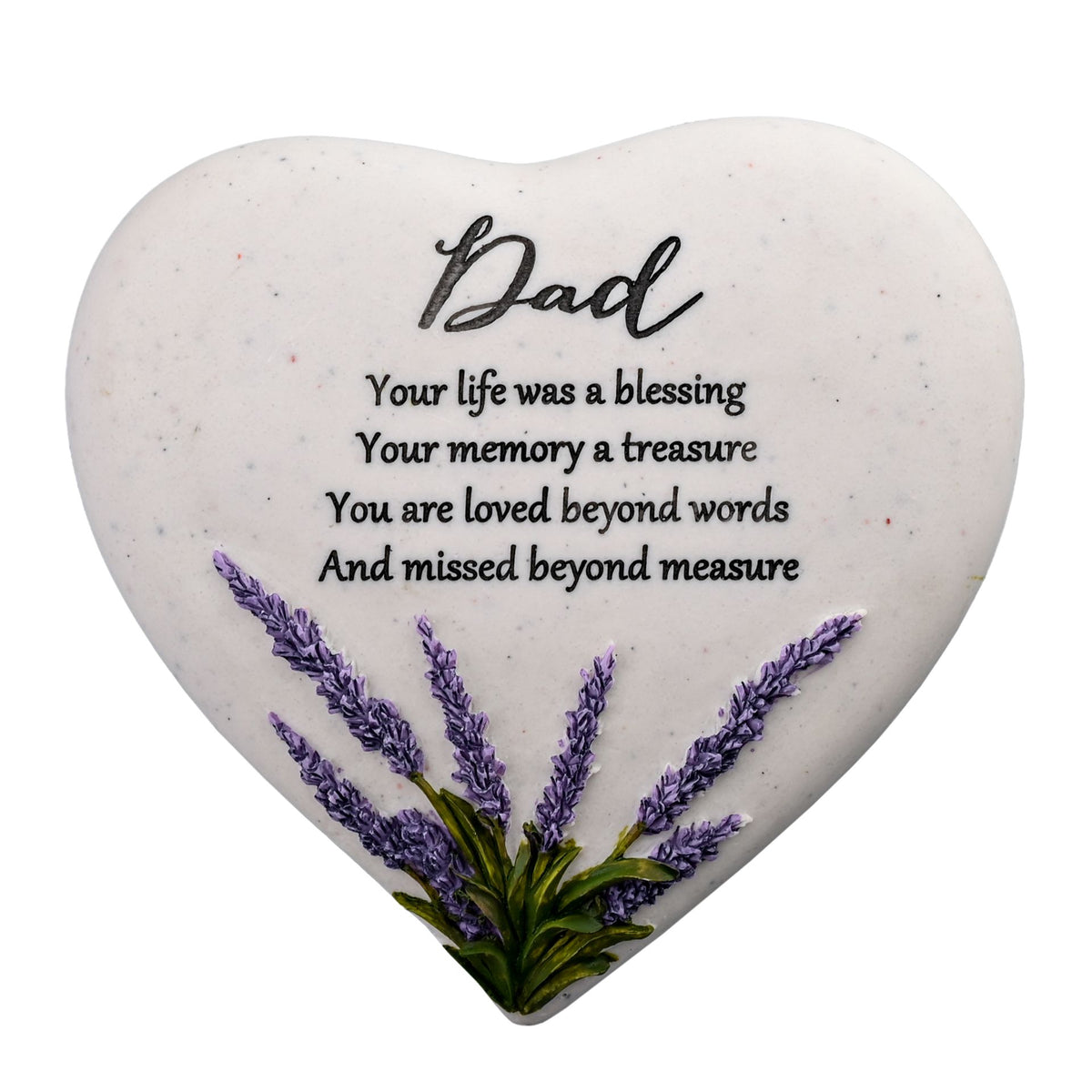 Widdop & Co memorial heart stone plaque with lavender design, honoring dad with heartfelt sentiment for remembrance.