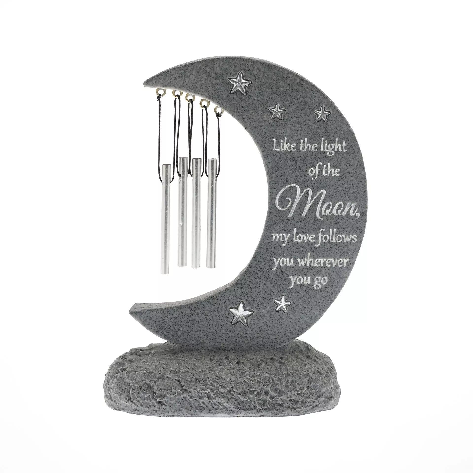 Widdop & Co memorial windchime with moon-shaped design, 22cm, keepsake for graveside remembrance, featuring engraved "Thoughts of You" message.