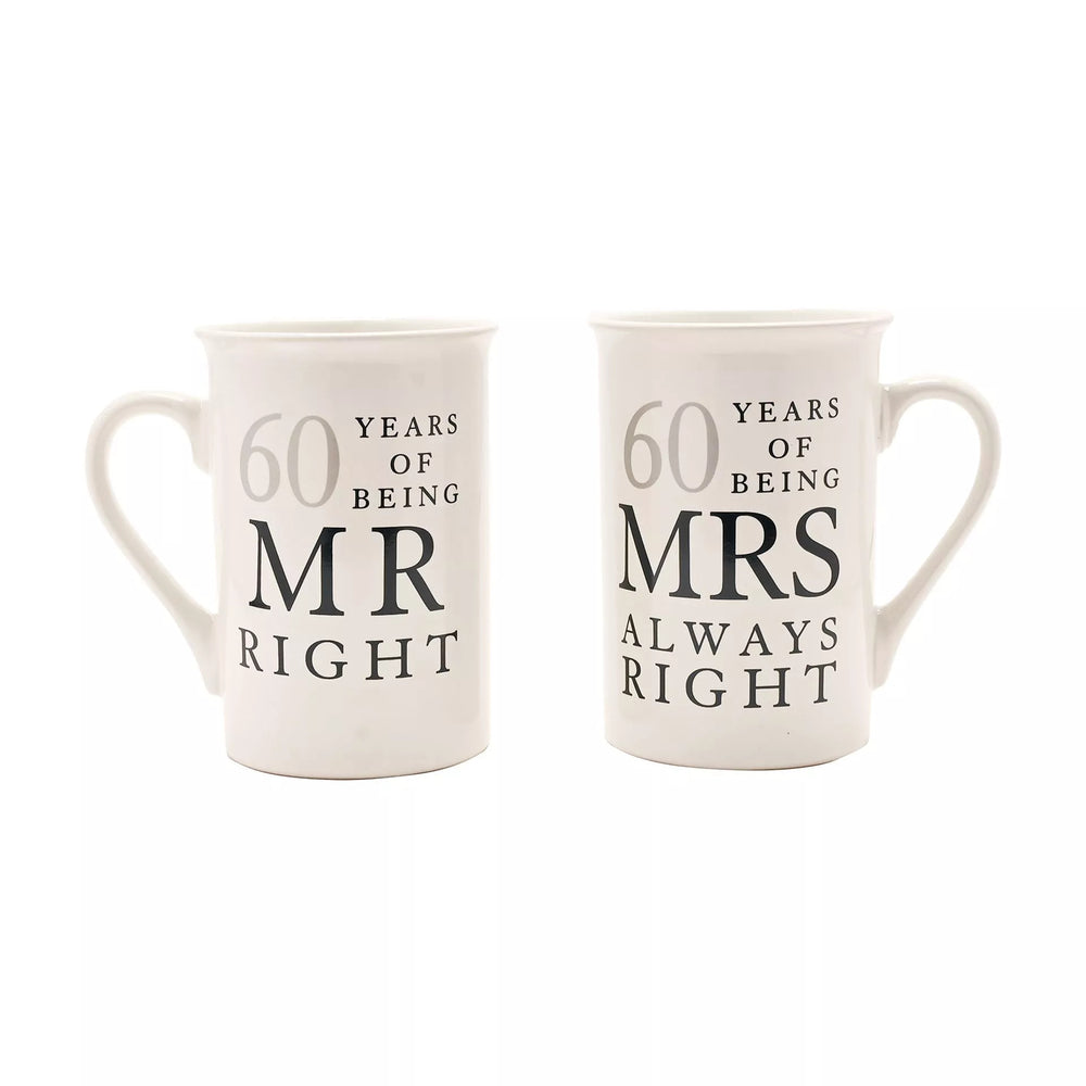 Widdop & Co Amore ceramic gift set featuring Mr. Right and Mrs. Always Right mugs, celebrating 60 years of love and humor.