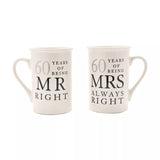 Widdop & Co Amore ceramic gift set featuring Mr. Right and Mrs. Always Right mugs, celebrating 60 years of love and humor.
