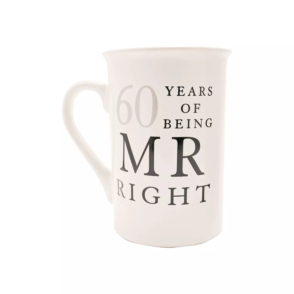 Widdop & Co Amore ceramic mug gift set featuring "60 Years of Mr Right" and "Mrs Always Right" designs, perfect for couples.