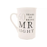 Widdop & Co Amore ceramic mug gift set featuring "60 Years of Mr Right" and "Mrs Always Right" designs, perfect for couples.