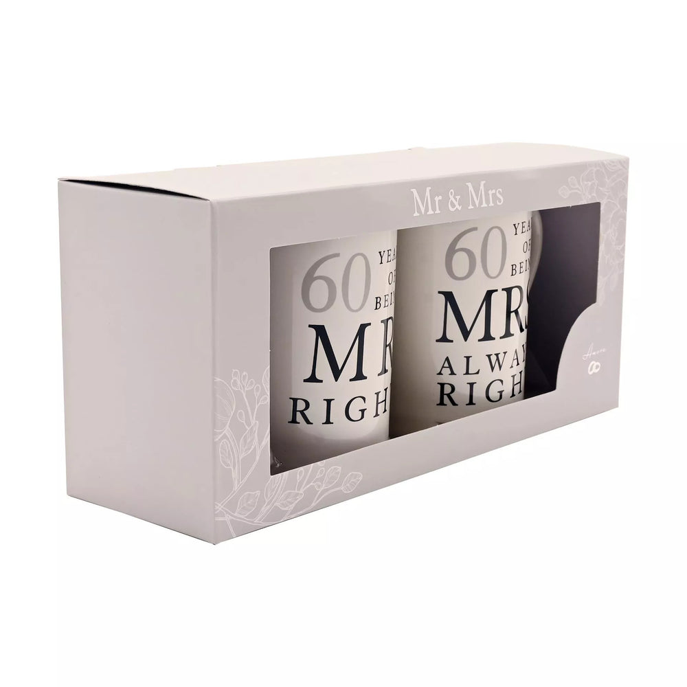 Widdop & Co Amore ceramic gift set of two mugs, "Mr Right" and "Mrs Always Right," celebrating 60 years of love and humor.