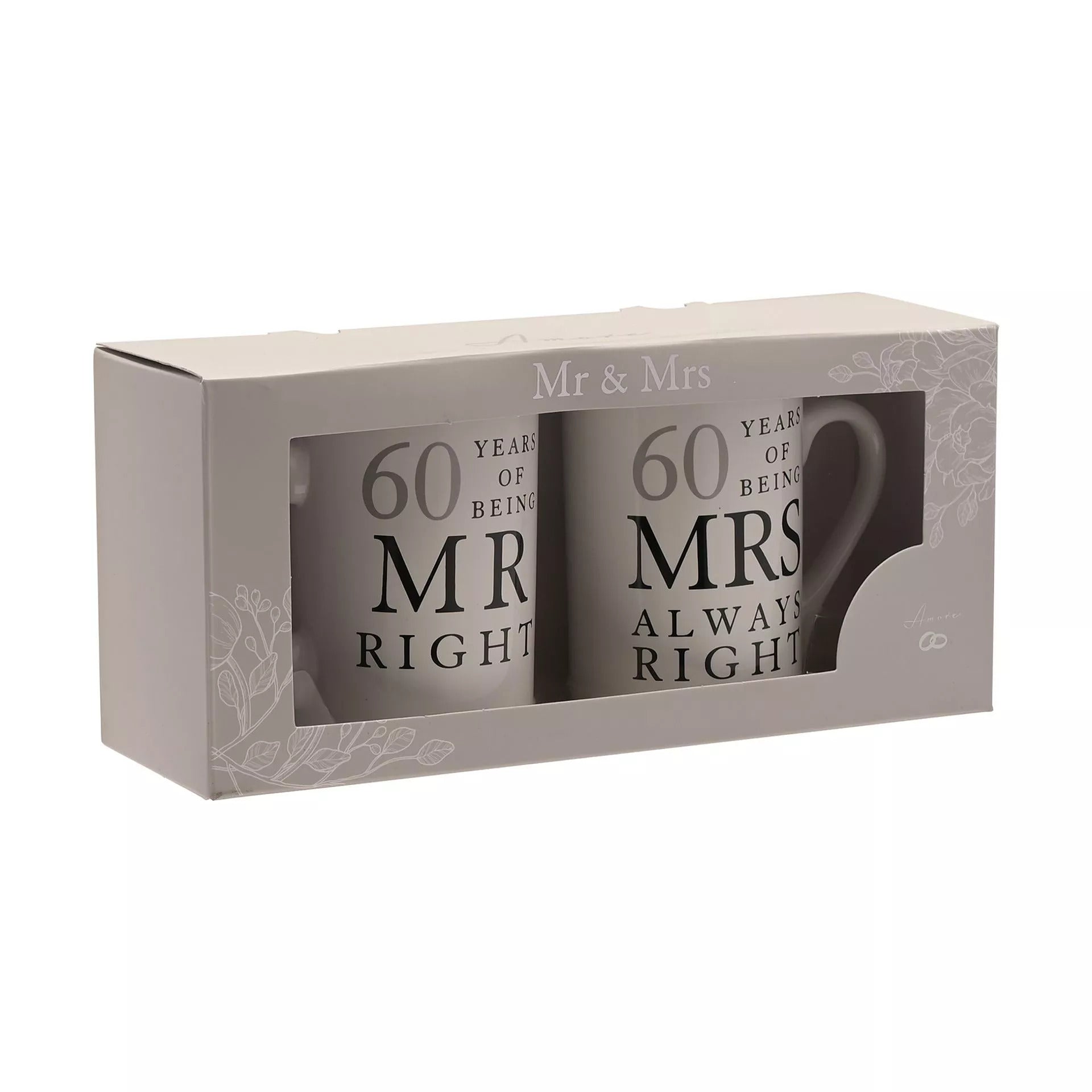 Widdop & Co Amore ceramic gift set with Mr Right and Mrs Always Right mugs celebrating 60 years of love.