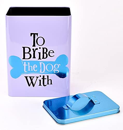 White, black, and metallic aqua blue dog treat storage tin by Widdop & Co, featuring humorous "to bribe the dog with" design, 22.5cm.
