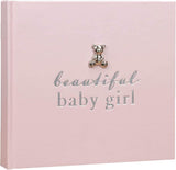 Widdop & Co New Baby 50 photo album with 6x4 inch pages and silver teddy attachment, perfect keepsake for a baby girl.