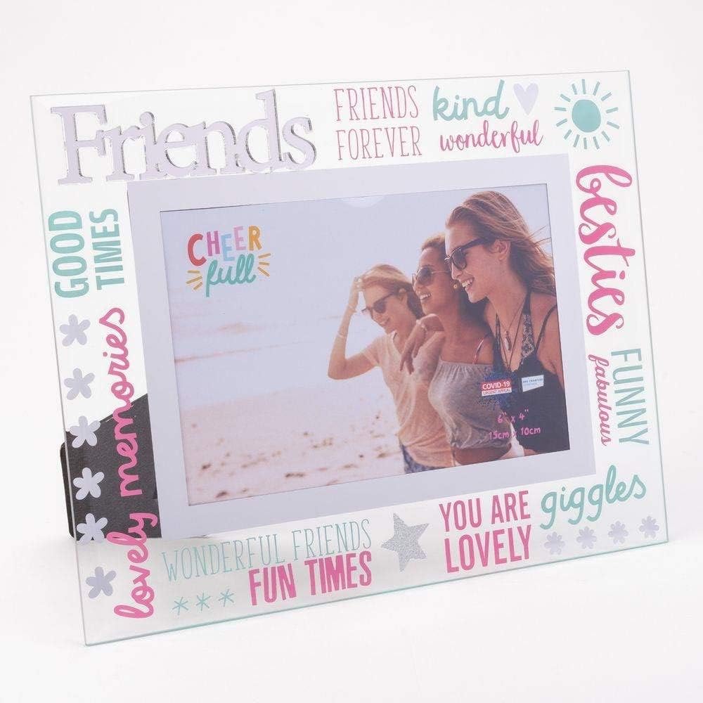 Widdop & Co Friends Cheerful 3D glass photo frame 6x4 inch with colorful word design and cheerful theme.