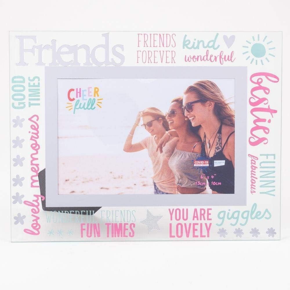 Widdop & Co Friends cheerful glass photo frame with 3D word design, 6x4 inch size, showcasing a photo display.