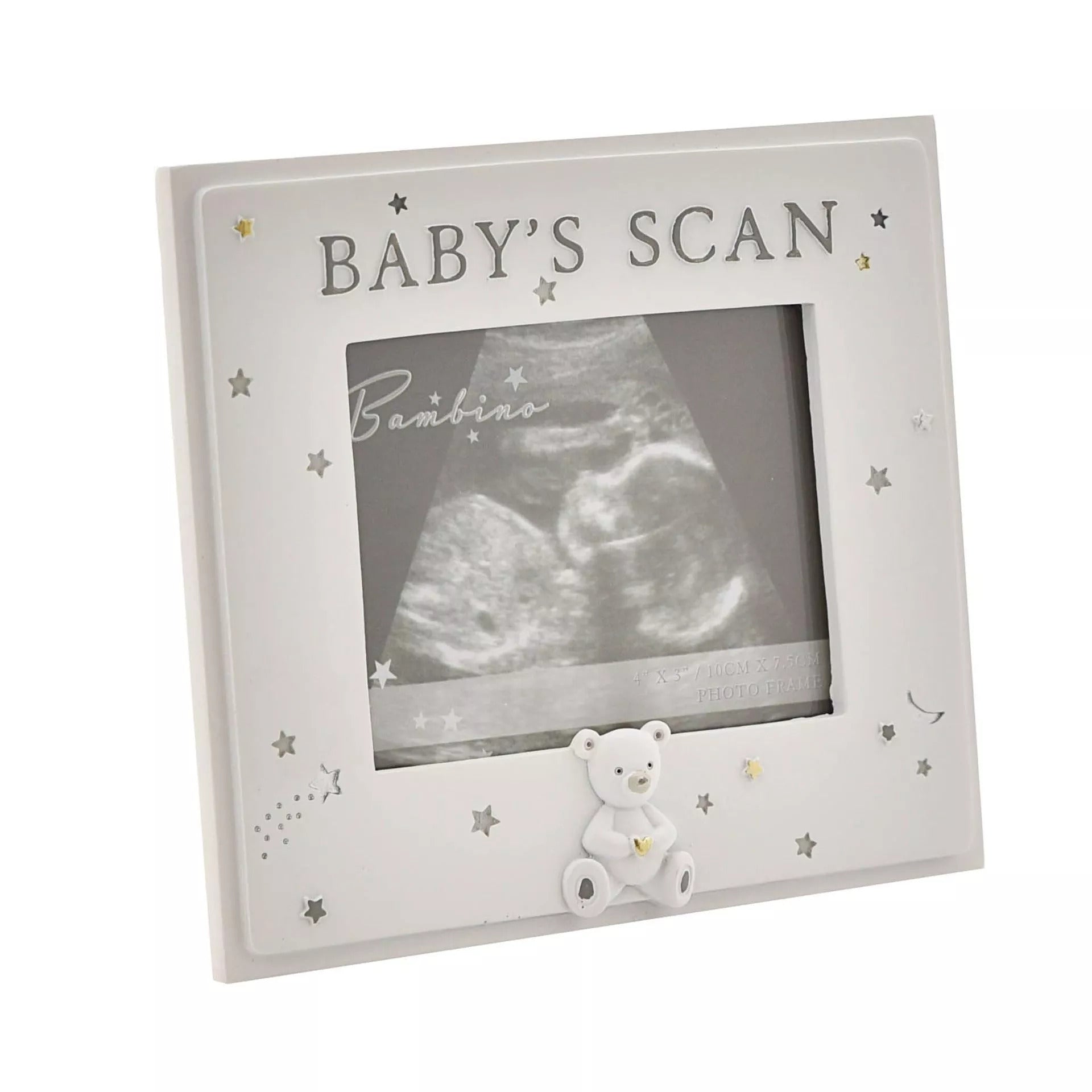 Widdop & Co Bambino resin baby scan photo frame, 4x3 inches, featuring a cute baby-themed design and space for a precious ultrasound photo.