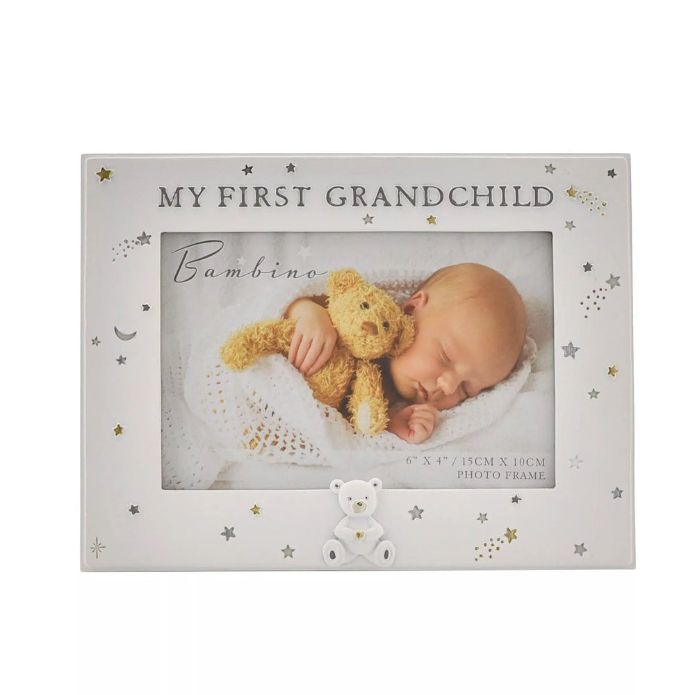Widdop & Co Bambino resin photo frame, 6x4 inch, designed for a first grandchild photo, with a decorative baby-themed motif.