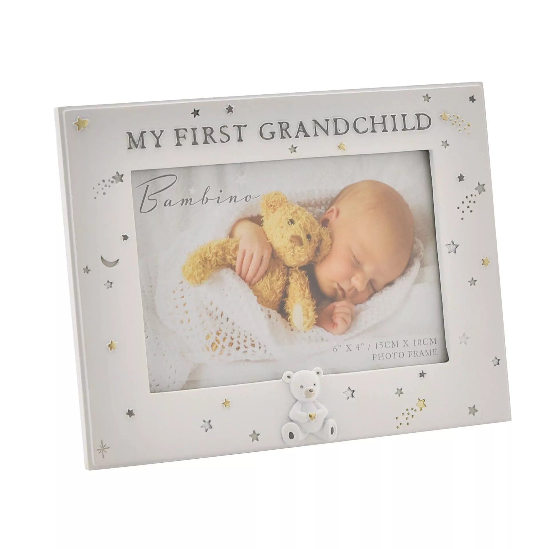 Widdop & Co Bambino resin photo frame for first grandchild, 6x4 inch display with decorative design and baby-themed accents