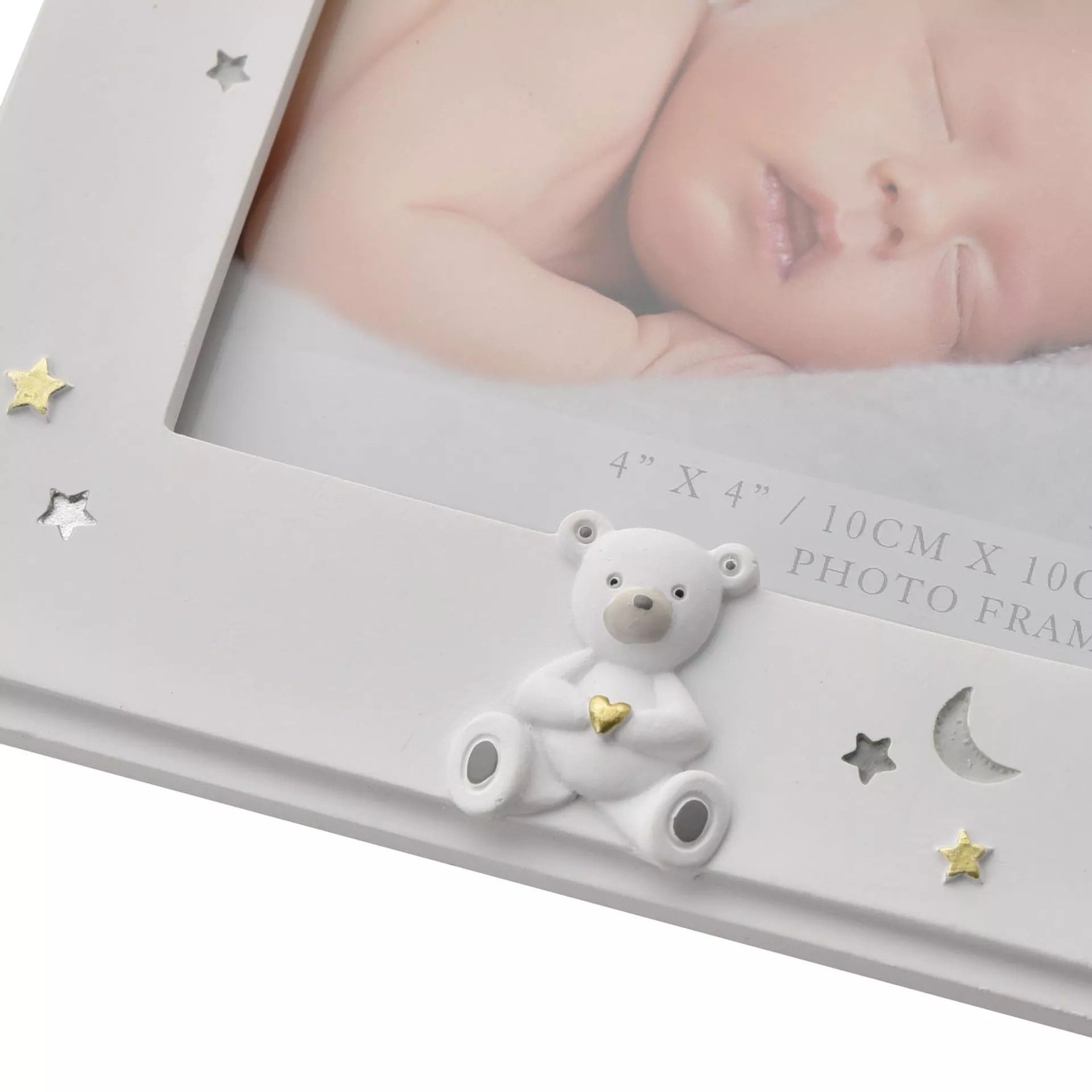 Widdop & Co Bambino resin photo frame holding 6x4 inch picture of a first grandchild, decorative baby-themed design.