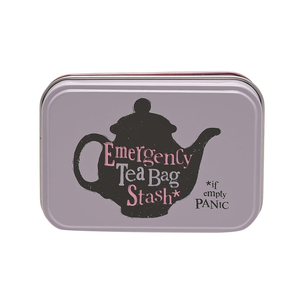 Widdop & Co Brightside tea bag stash metal storage tin with decorative lid for organizing tea bags in the kitchen.