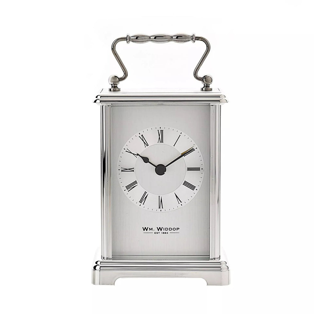 Silver Widdop & Co carriage clock, elegant timepiece with detailed design and classic style, perfect for decorative display.