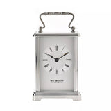 Silver Widdop & Co carriage clock, elegant timepiece with detailed design and classic style, perfect for decorative display.