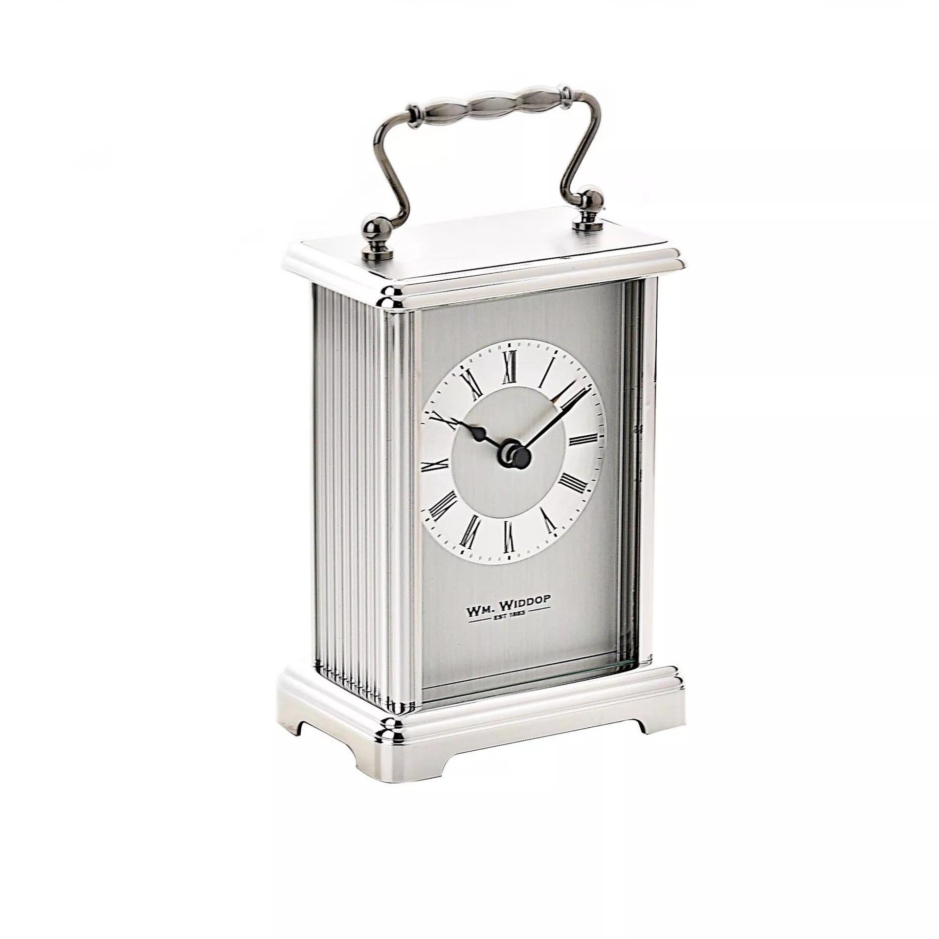 Widdop & Co silver carriage clock, vintage-style timepiece with classic silver finish, decorative and elegant tabletop clock.