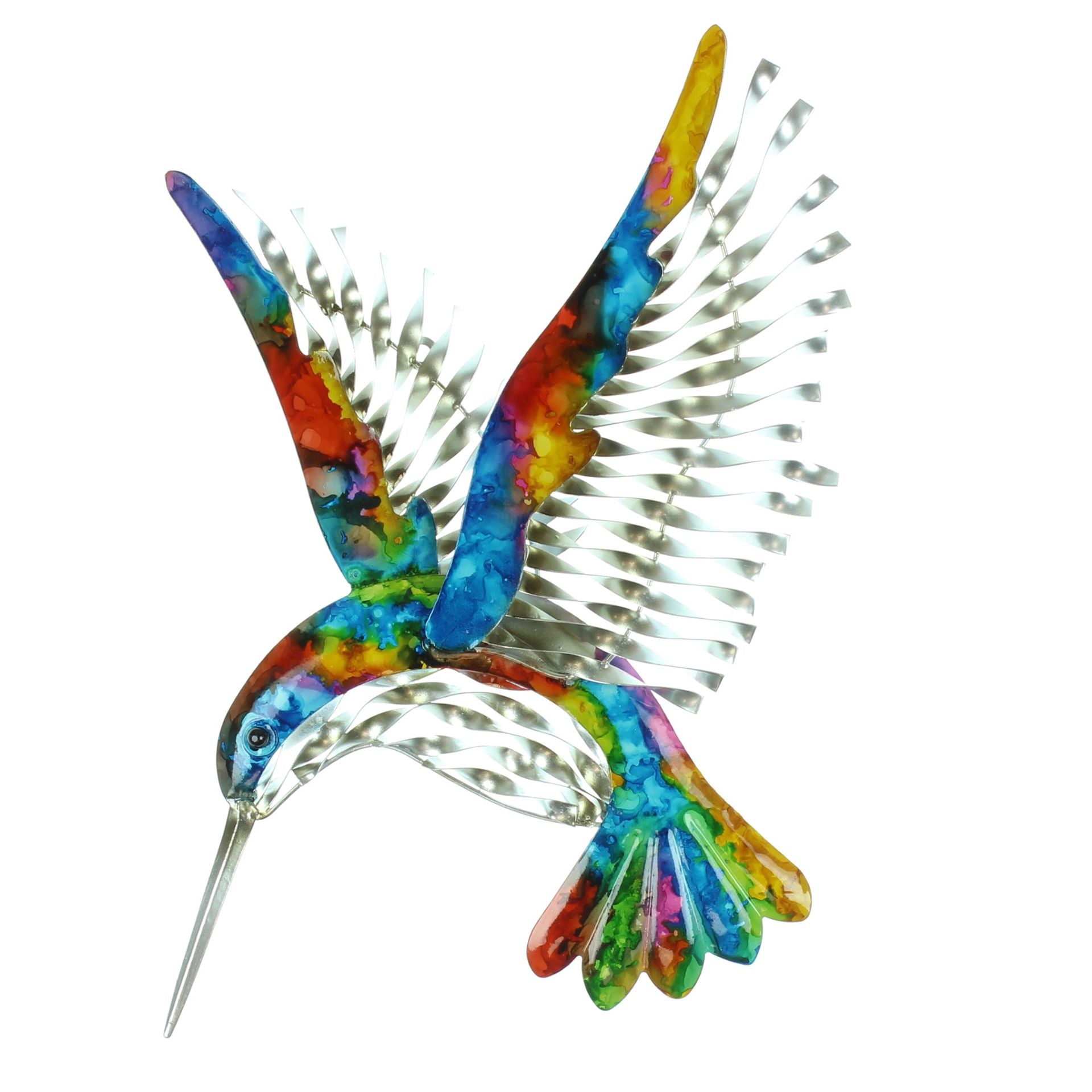 Colorful metal hummingbird wall art sculpture by Widdop & Co, featuring vibrant painted details and intricate metal design.