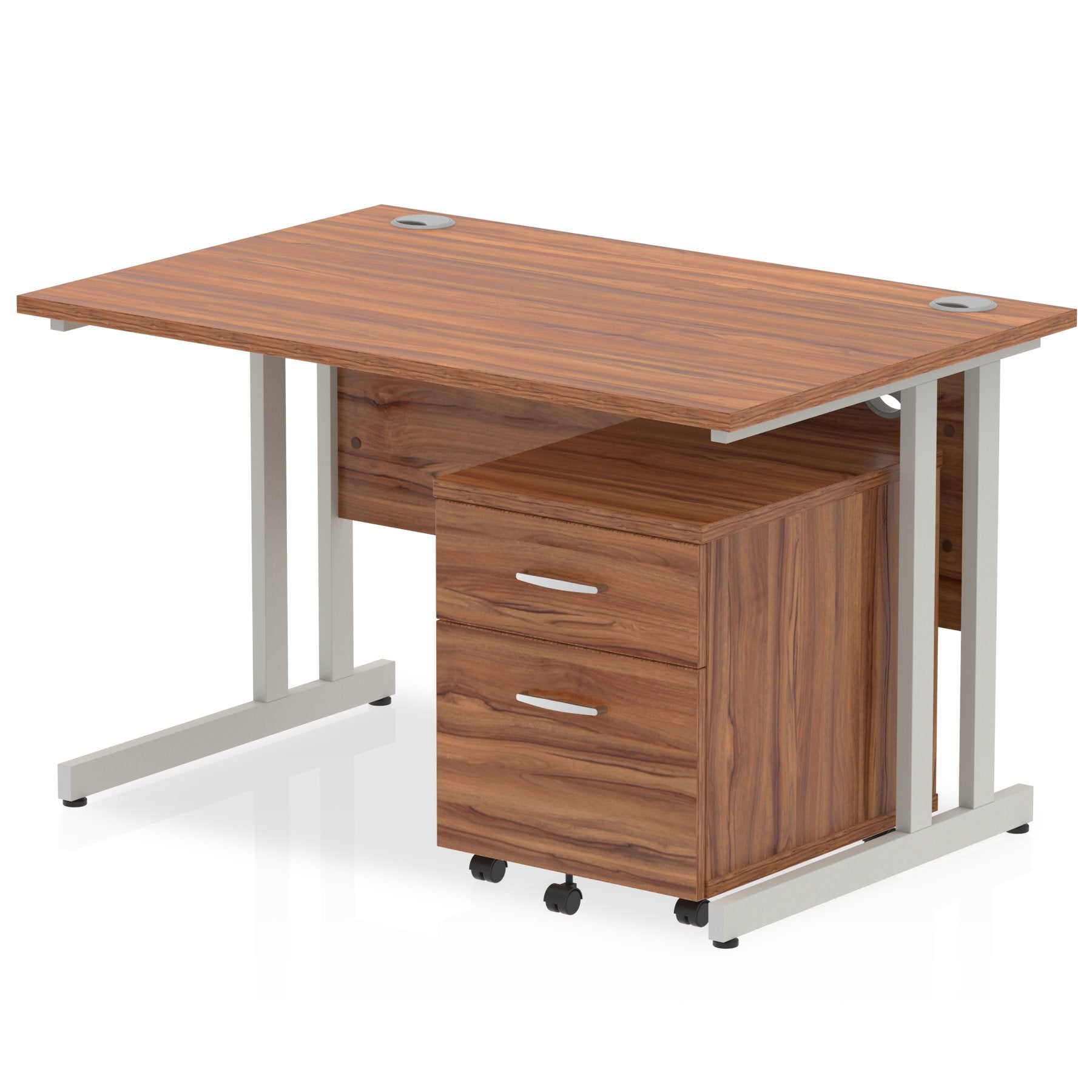 Impulse Cantilever Straight Office Desk W1200 x D800 x H730mm Walnut Finish Silver Frame With 2 Drawer Mobile Pedestal - MI000958 DD