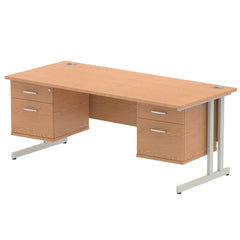 Dynamic Impulse W1800 x D800 x H730mm Straight Office Desk Cantilever Leg With 2x2 Drawer Double Fixed Pedestal Oak Finish Silver Frame - MI002676 DD